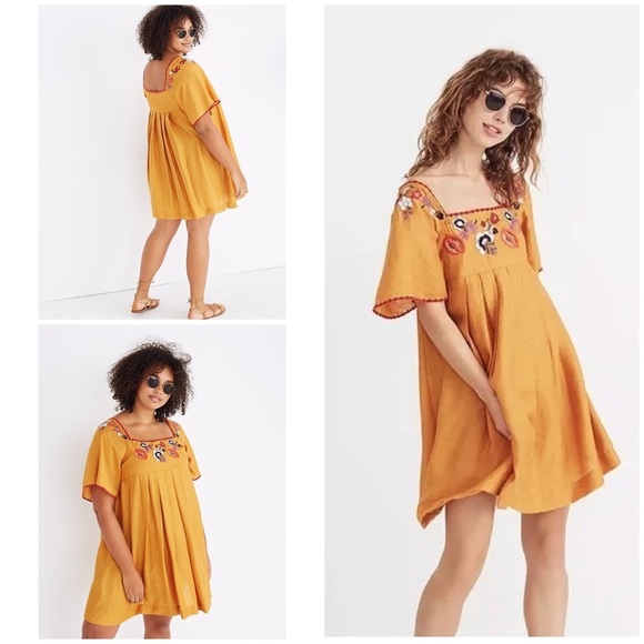 Madewell Dresses & Skirts - Madewell Floral Embroidered Square-Neck Marigold Yellow Mini Dress Small​​​